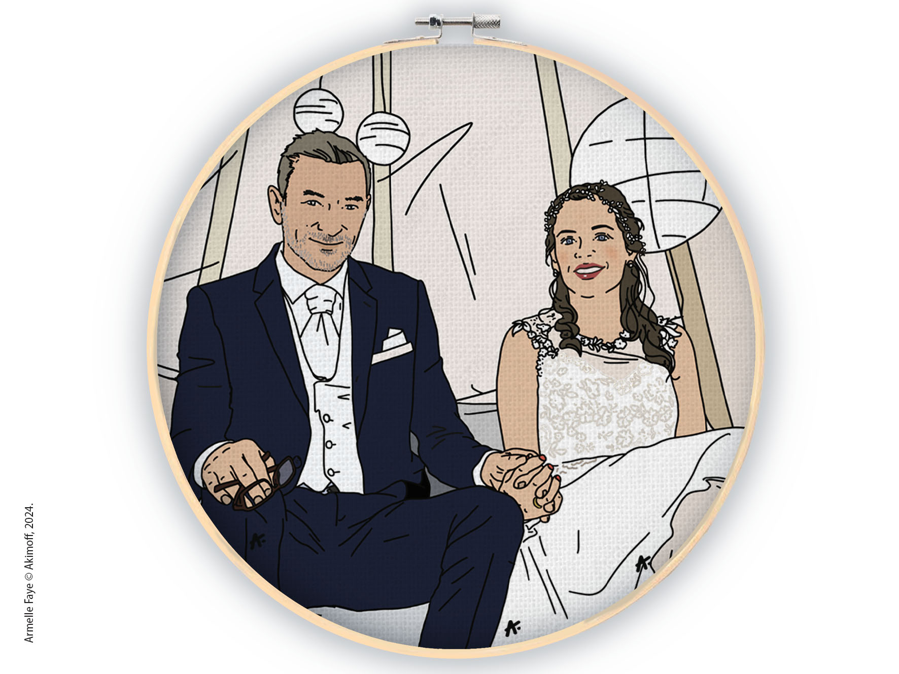Illustration portrait de famille 2 personnes + paysage toile canvas sur tambourin
